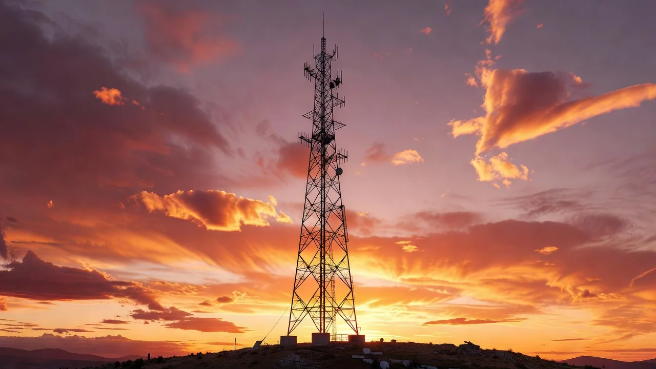 Antena de transmisión de televisión contra el cielo al atardecer