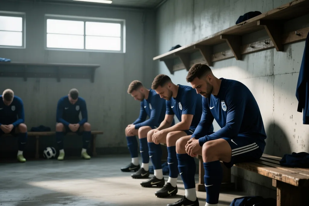 Jugadores con camisetas azul oscuro sentados en un vestuario de madera antes de un partido
