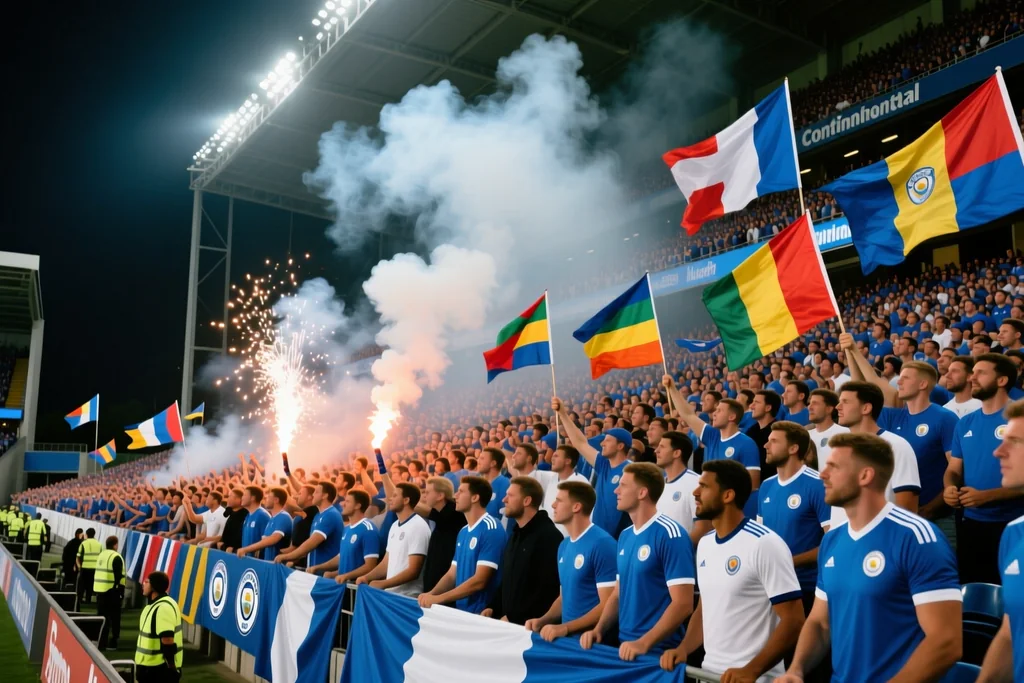 Tribuna con humo y banderas durante un partido nocturno de copa continental