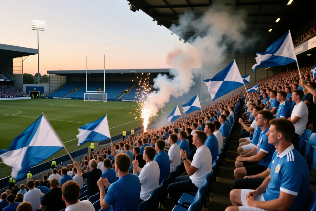 Tribuna con banderas y humo durante un partido nocturno visto desde el campo