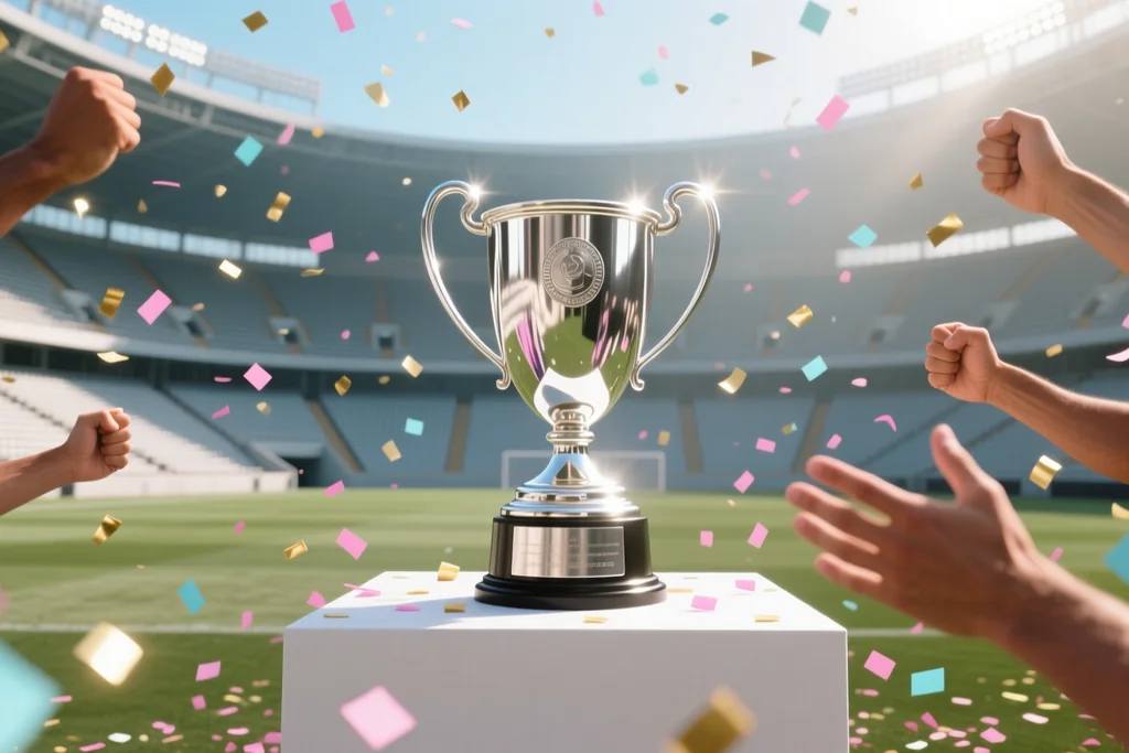 Copa plateada genérica sobre un podio cubierto de confeti en un estadio