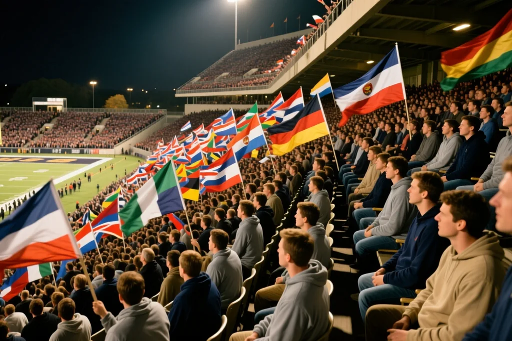 Tribuna repleta de hinchas con banderas durante un partido nocturno, vista en ángulo alto