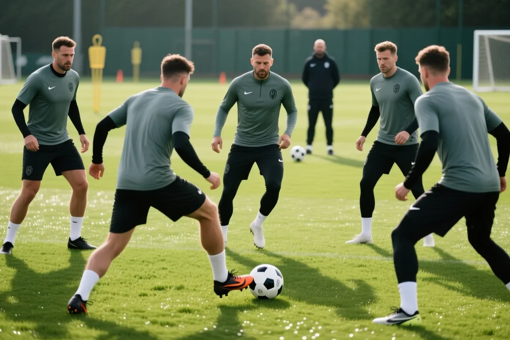 Grupo de futbolistas con ropa de entrenamiento realizando una ronda de pases en un campo verde