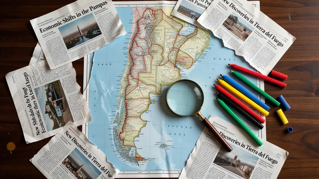 Escritorio de redacción con mapa de la Argentina y recortes de diarios
