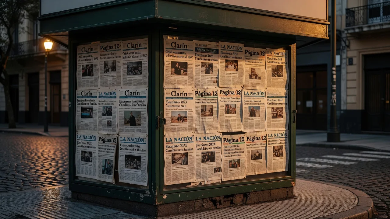 Quiosco de diarios argentino con portadas de periódicos nacionales