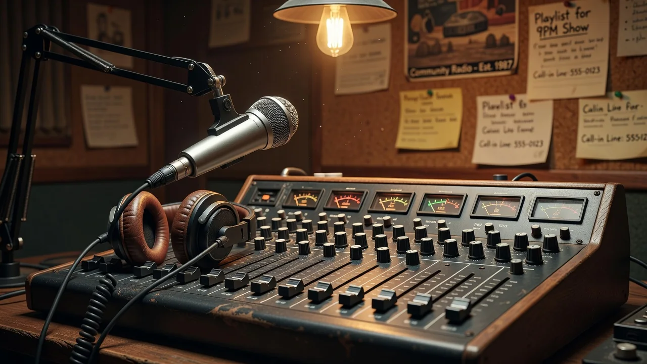 Consola de radio comunitaria con micrófono y auriculares en una emisora del interior