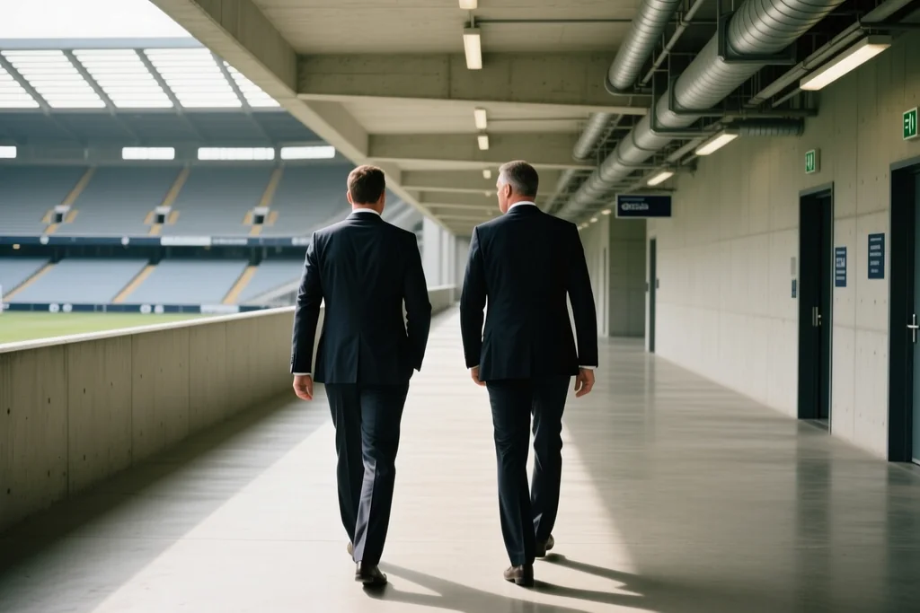 Dos personas con traje caminando por el pasillo de cemento de un estadio vacío