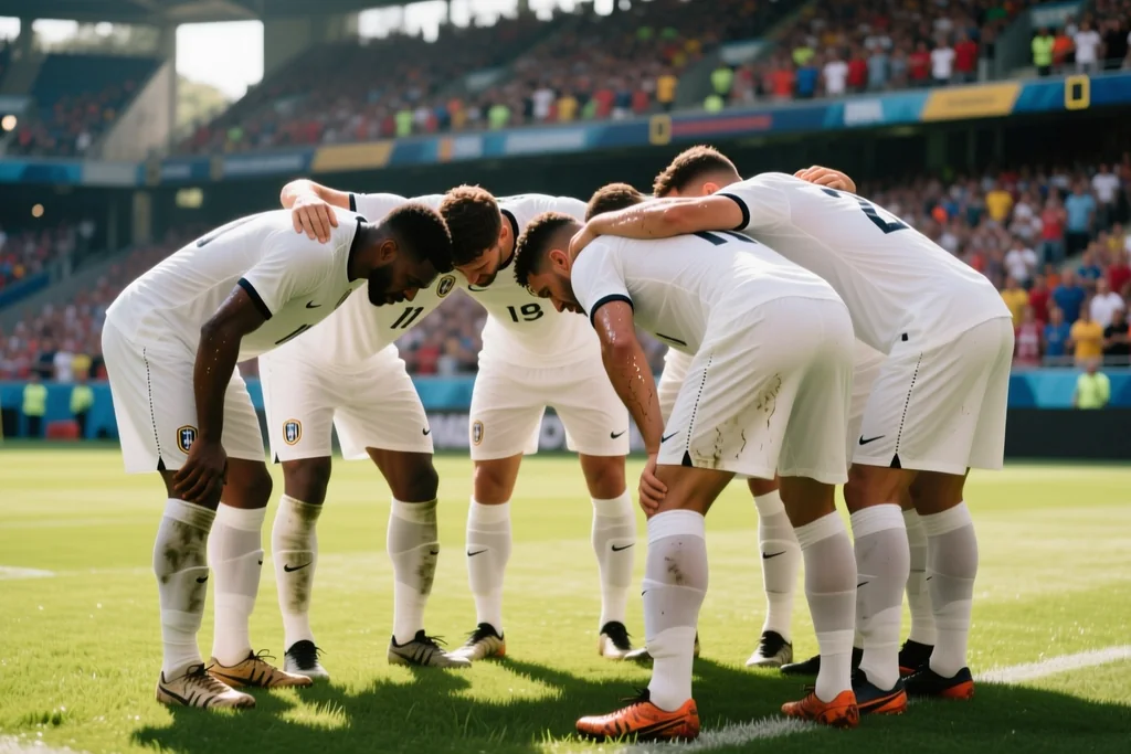 Jugadores de camiseta blanca reunidos en ronda sobre el campo durante un partido