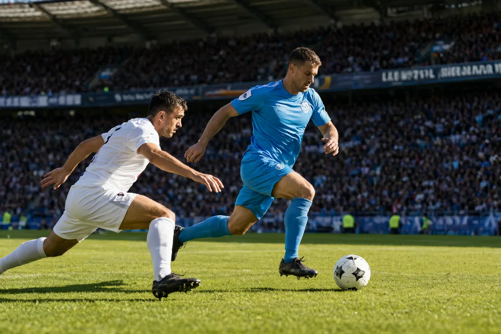Futbolista celeste conduciendo el balón ante un rival que se barre en un estadio lleno