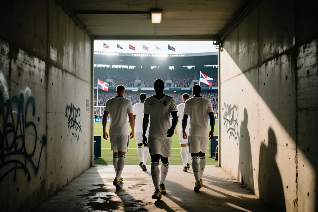 Futbolistas caminando por el túnel hacia un campo iluminado antes de un partido
